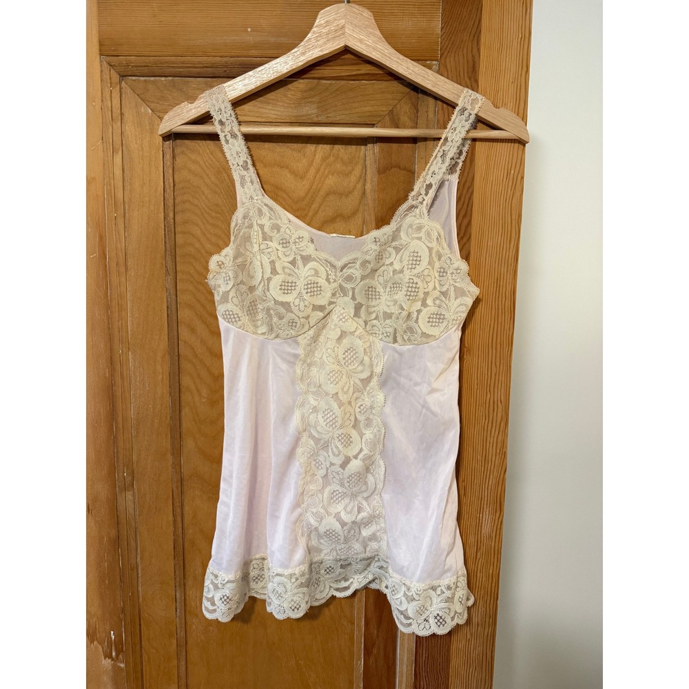 Vintage Philmaid Pink Nylon Lace Camisole Tank Top Floral Cream Lace Trim Small